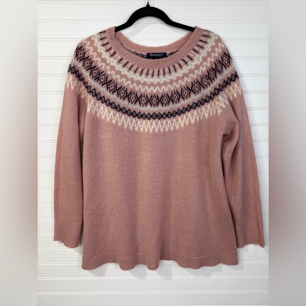 Roaman’s women’s pink fair isle print long sleeve sweater. Size 14/16 Medium